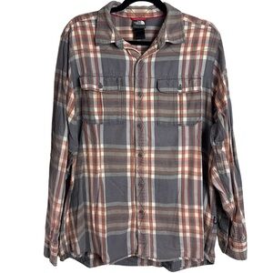 The North Face Men’s Large Plaid Flannel Button Up Shirt Gray Brown